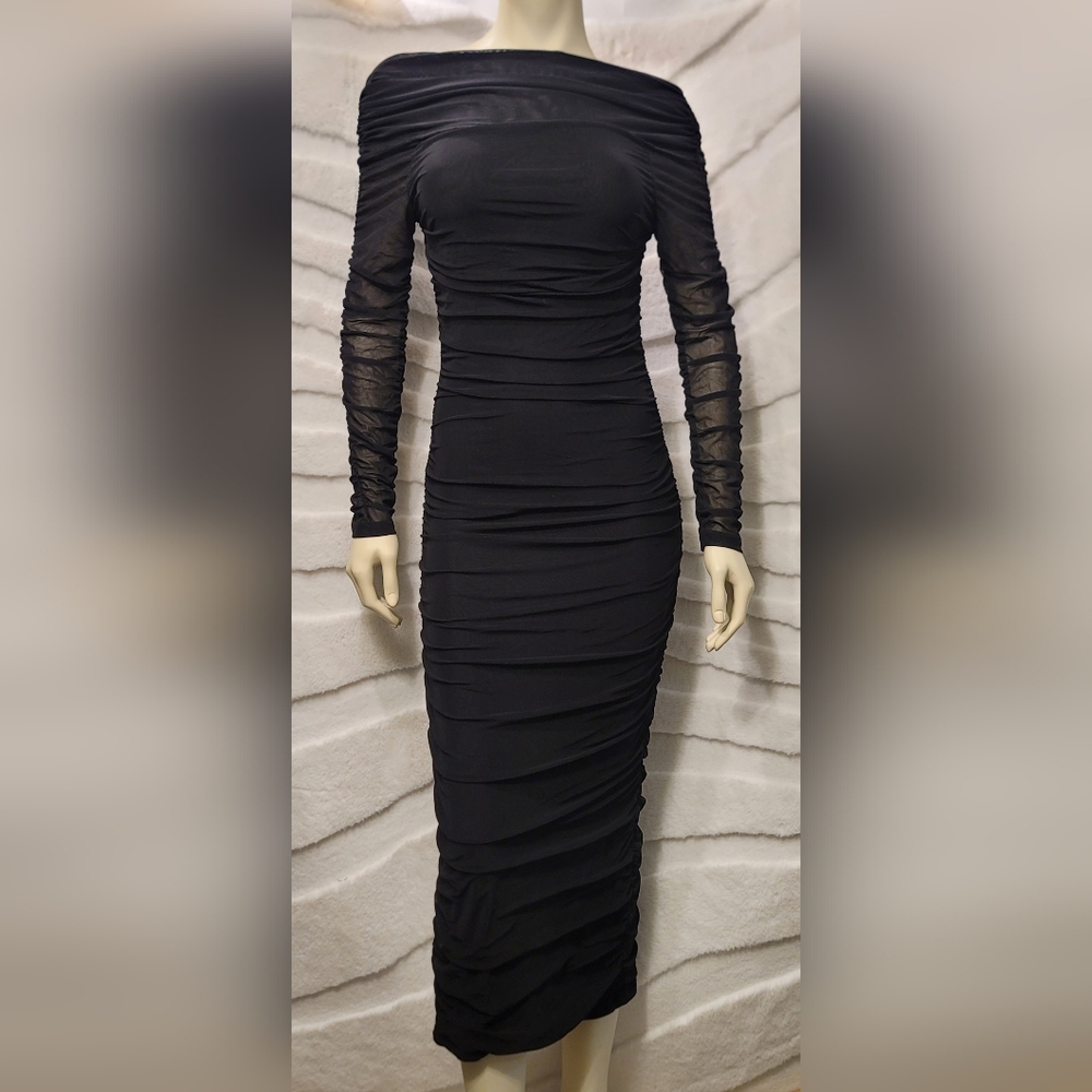 Pretty Garden LBD Black Sheer Ruched Stretch Bodycon Women's Size Sm Midi Dress